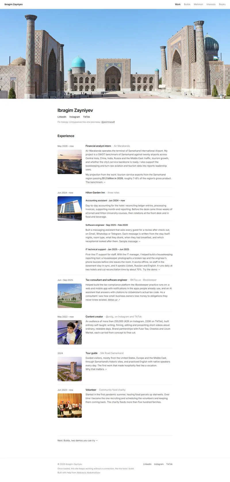 Screenshot of ibragimz.com, Ibragim Zayniyev’s personal website.